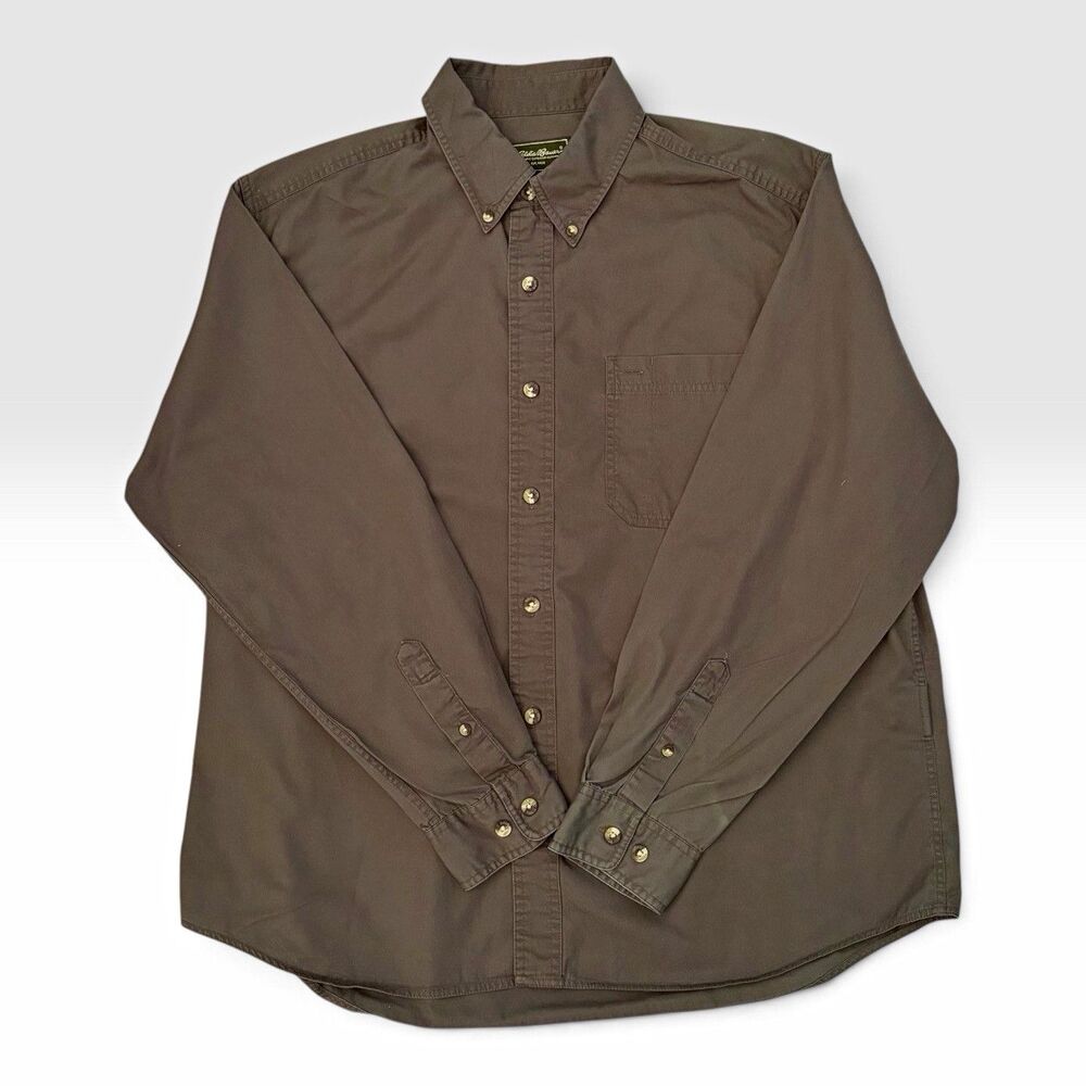 Vintage Eddie Bauer Shirt Mens L Brown Cotton Button Down Made Taiwan Outdoor